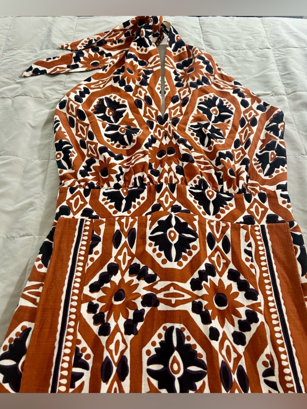 Sezane Alana Dress, Halter Midi Dress Size 42 / US 10, Rust Brown, Black, Cream - Picture 4 of 16